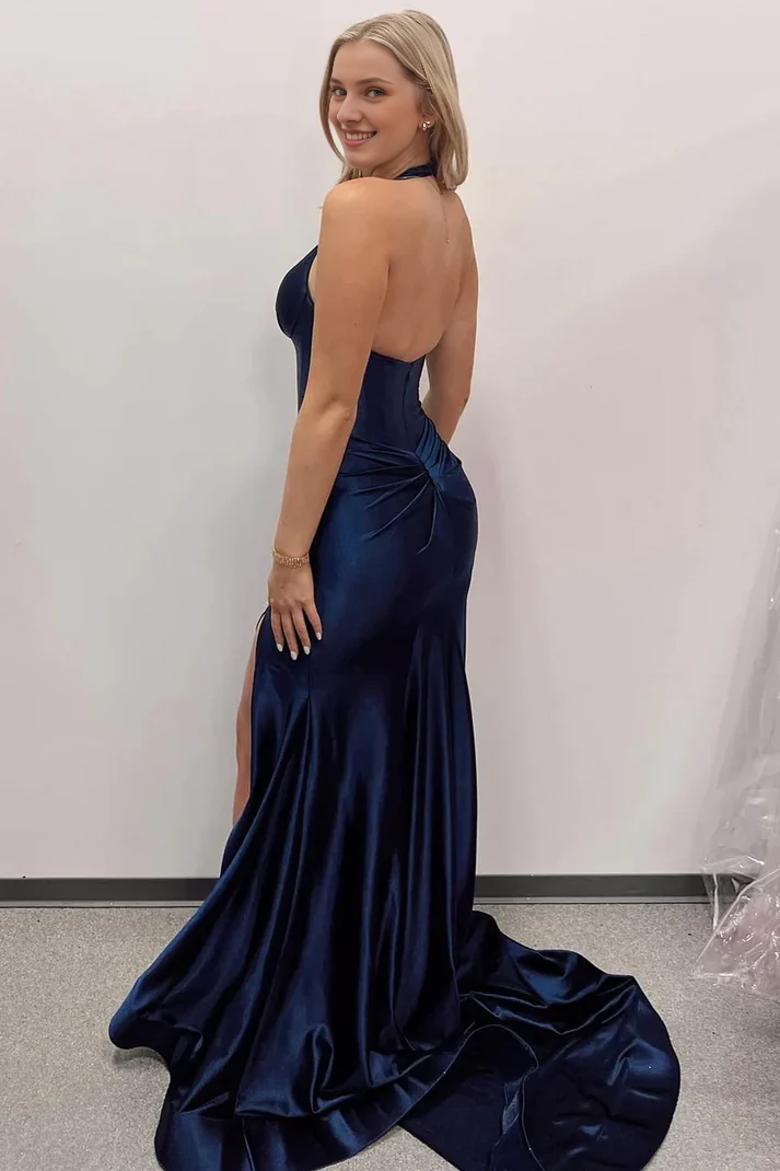 Ruffle Deep V Neck Navy Halter Mermaid Slit Long Prom Dress With Train